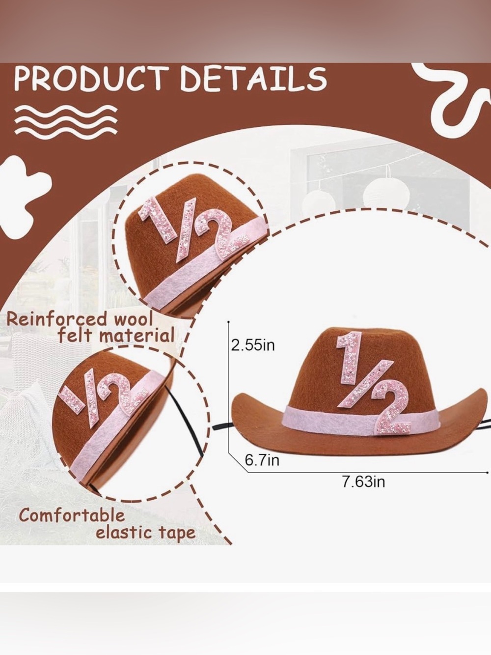 Amazon Brown Felt Cowboy Hat with Pink Band and Glitter "1/2" birthday 6 months